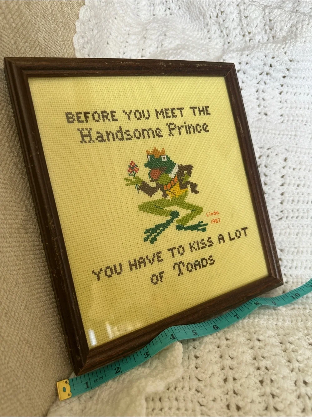 Handmade Yellow Cross-Stitch Wall Art - 'Before You Meet The Handsome Prince'